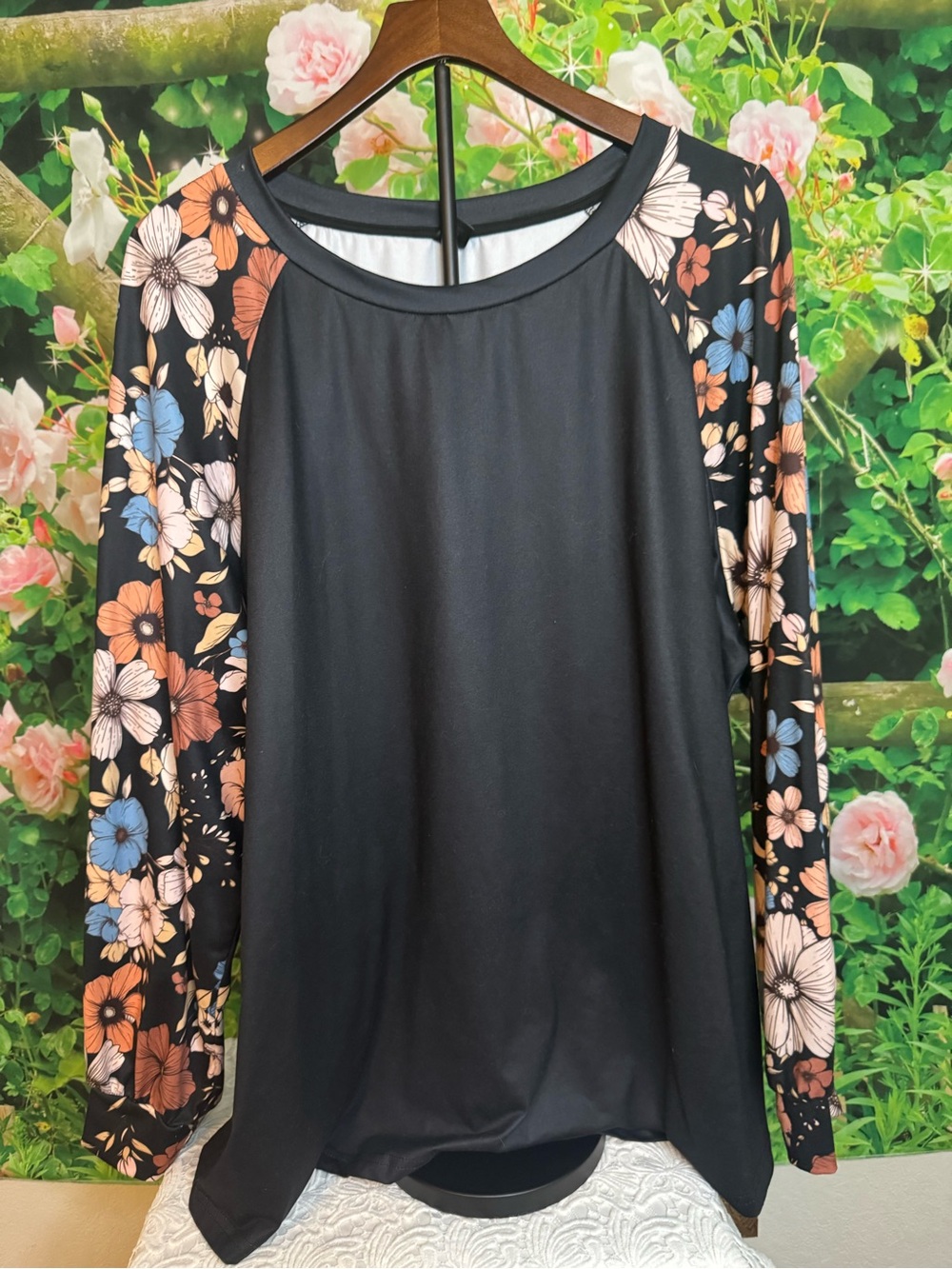 SHEIN Black Long Sleeve Raglan Top with Floral Sleeves